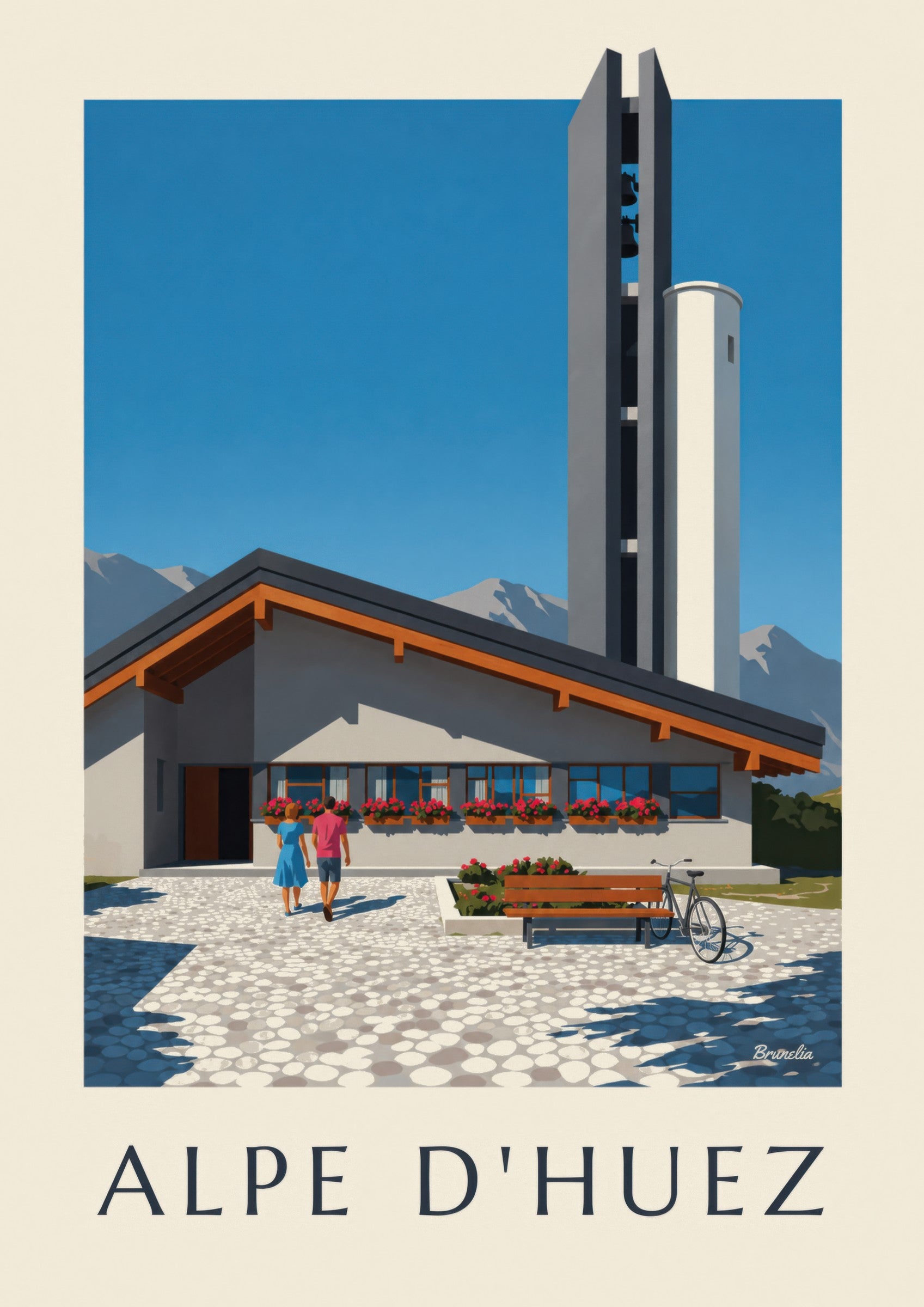 Juliste Notre-Dame-des-Neiges -kirkosta Alpe d'Huezissa: lähikuva yksityiskohdasta