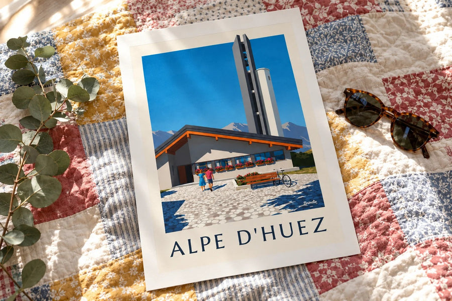 Juliste Notre-Dame-des-Neiges -kirkosta Alpe d'Huezissa : pöydällä