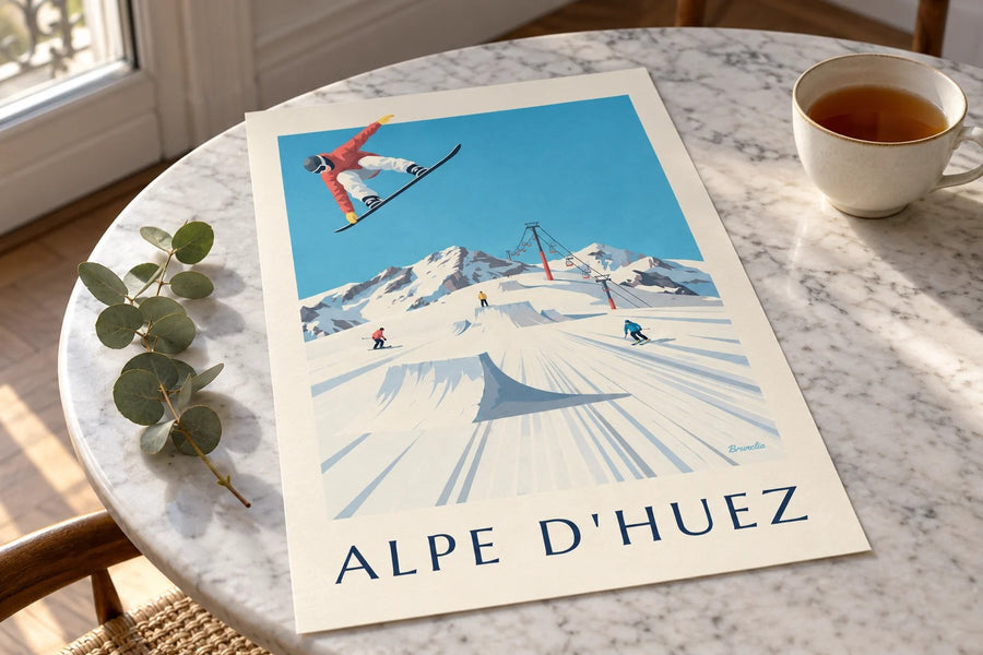 Juliste Alpe d'Huezista, laskettelijoista ja lumilautailijoista : pöydällä