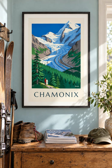 Chamonix-juliste, Bossonsin jäätikkö ja Mont Blanc : kehystettynä seinällä