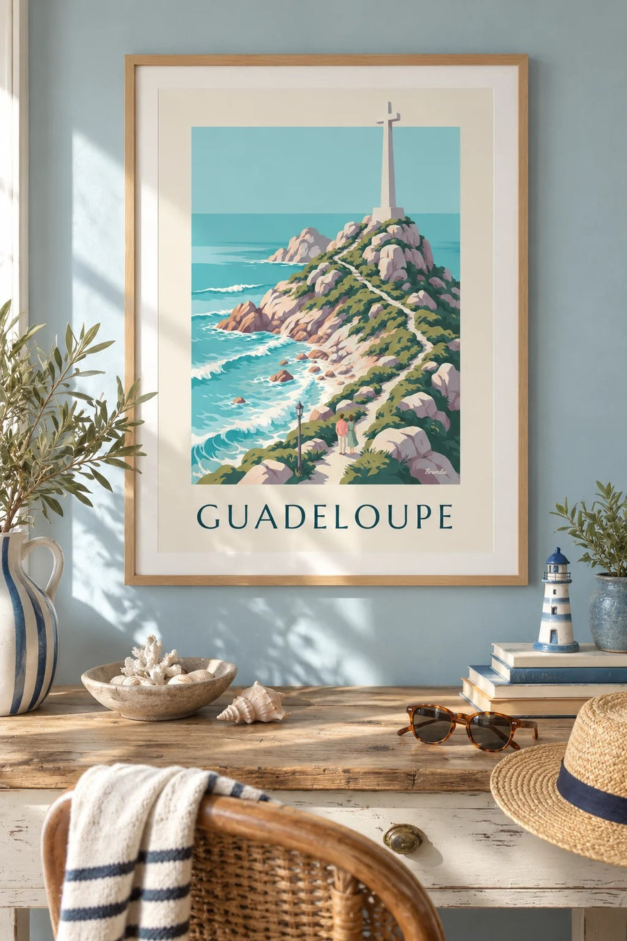Guadeloupen Pointe des Châteaux’n ja ristin juliste : kehystettynä seinällä