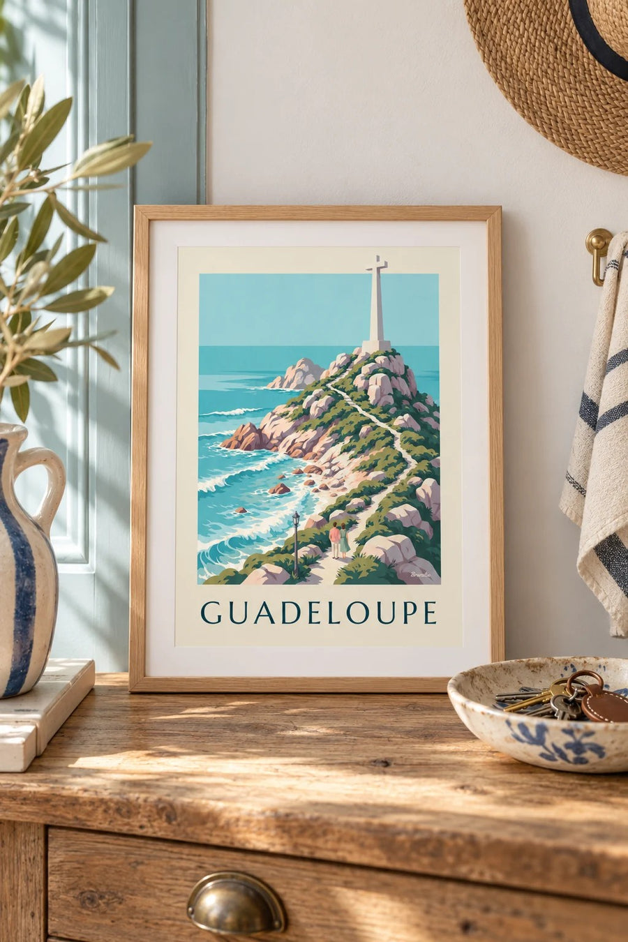Guadeloupen Pointe des Châteaux’n ja ristin juliste : pieni A4-koko kehystettynä