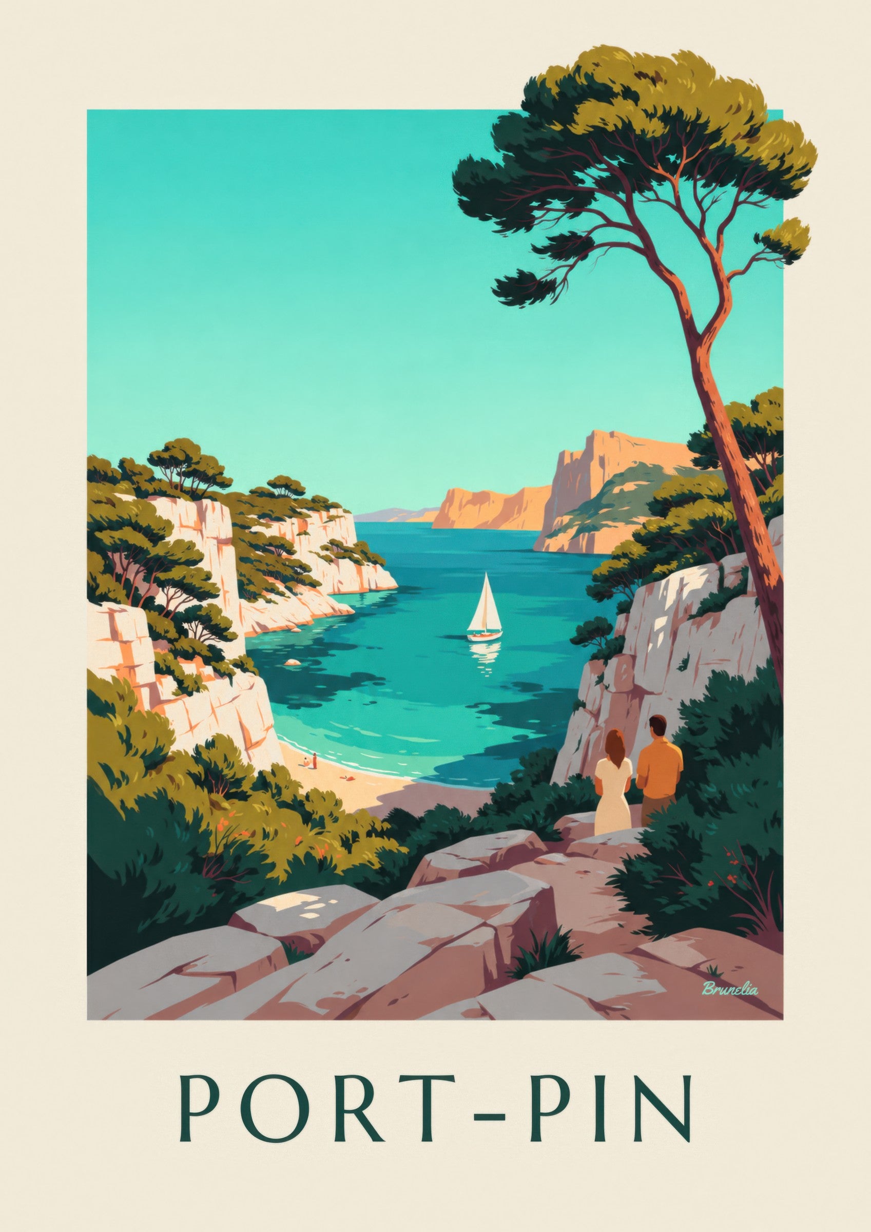 Affiche calanque de Port-Pin et voilier: lähikuva yksityiskohdasta