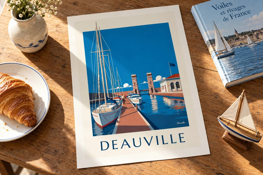 Juliste Port-Deauvillen venesatamasta ja purjeveneistä : pöydällä