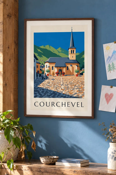 Courchevel’n Saint-Bonin kirkon juliste : kehystettynä seinällä