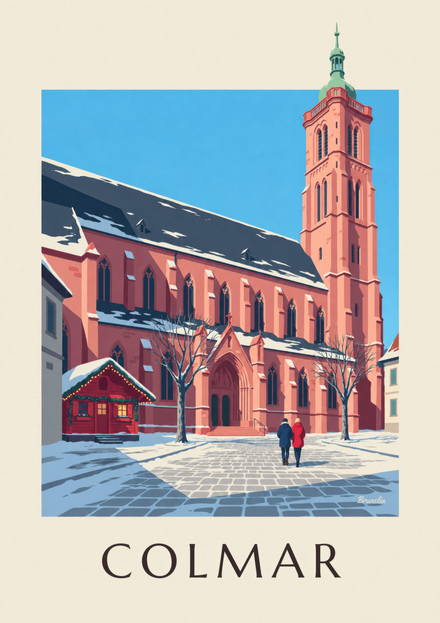 Colmarin Saint-Martinin kollegiaattikirkko talvella -juliste