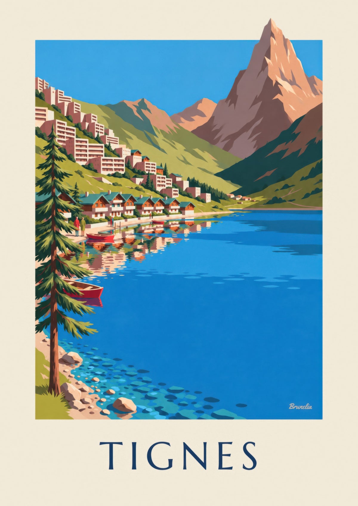 Juliste Tignes-järvestä ja Tignes-Le Lacista kesällä