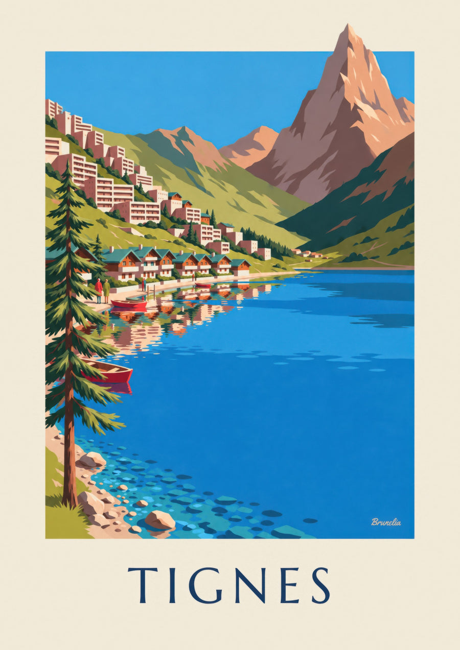 Juliste Tignes-järvestä ja Tignes-Le Lacista kesällä