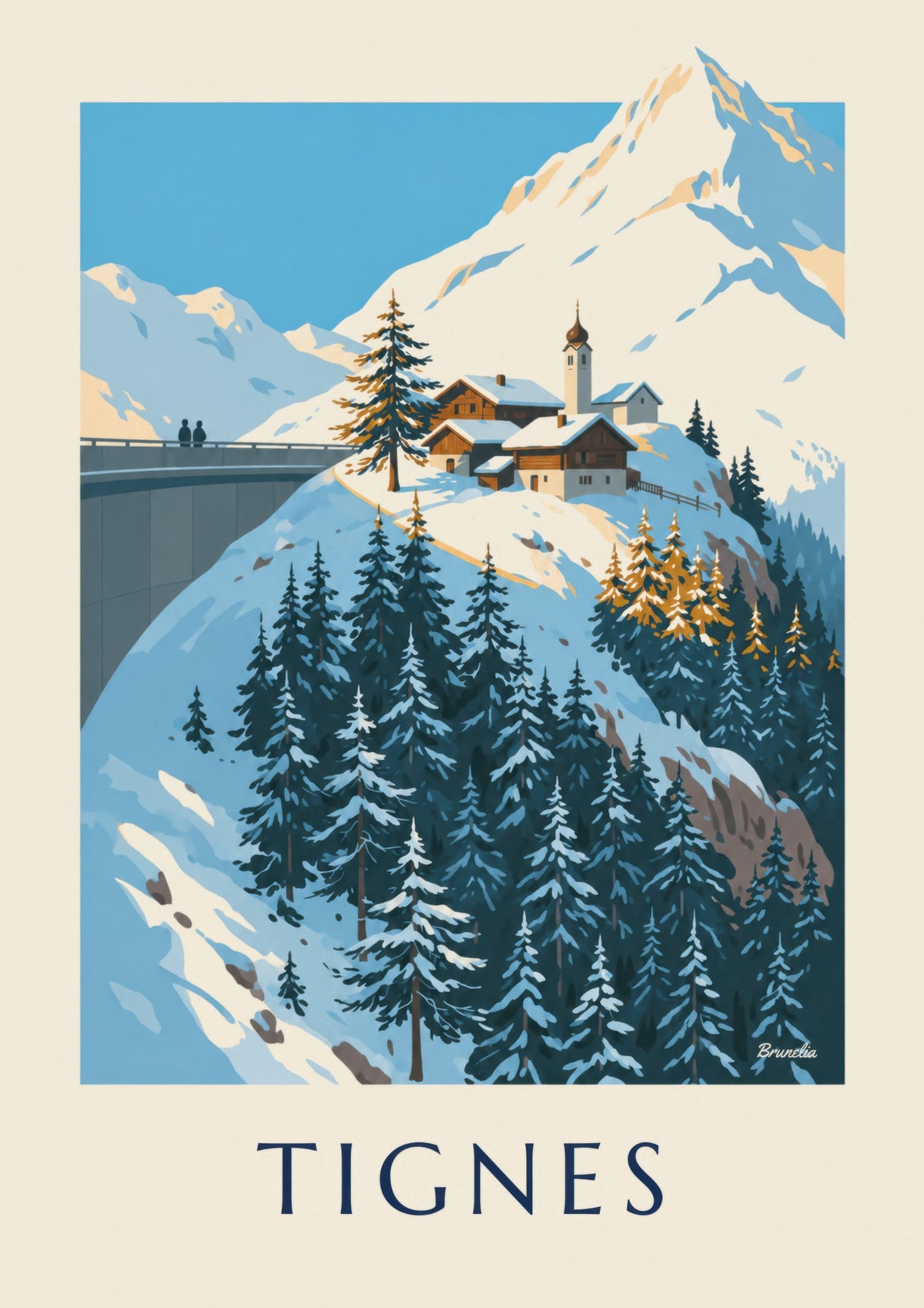 Juliste Tignes 1800:sta ja sen kellotornista talvella