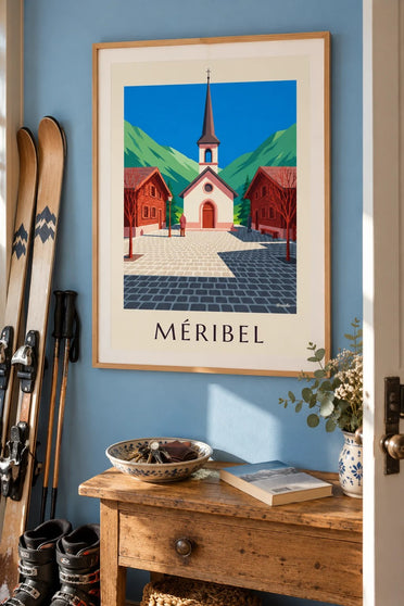 Méribel-juliste, vaaleanpunainen kappeli : kehystettynä seinällä