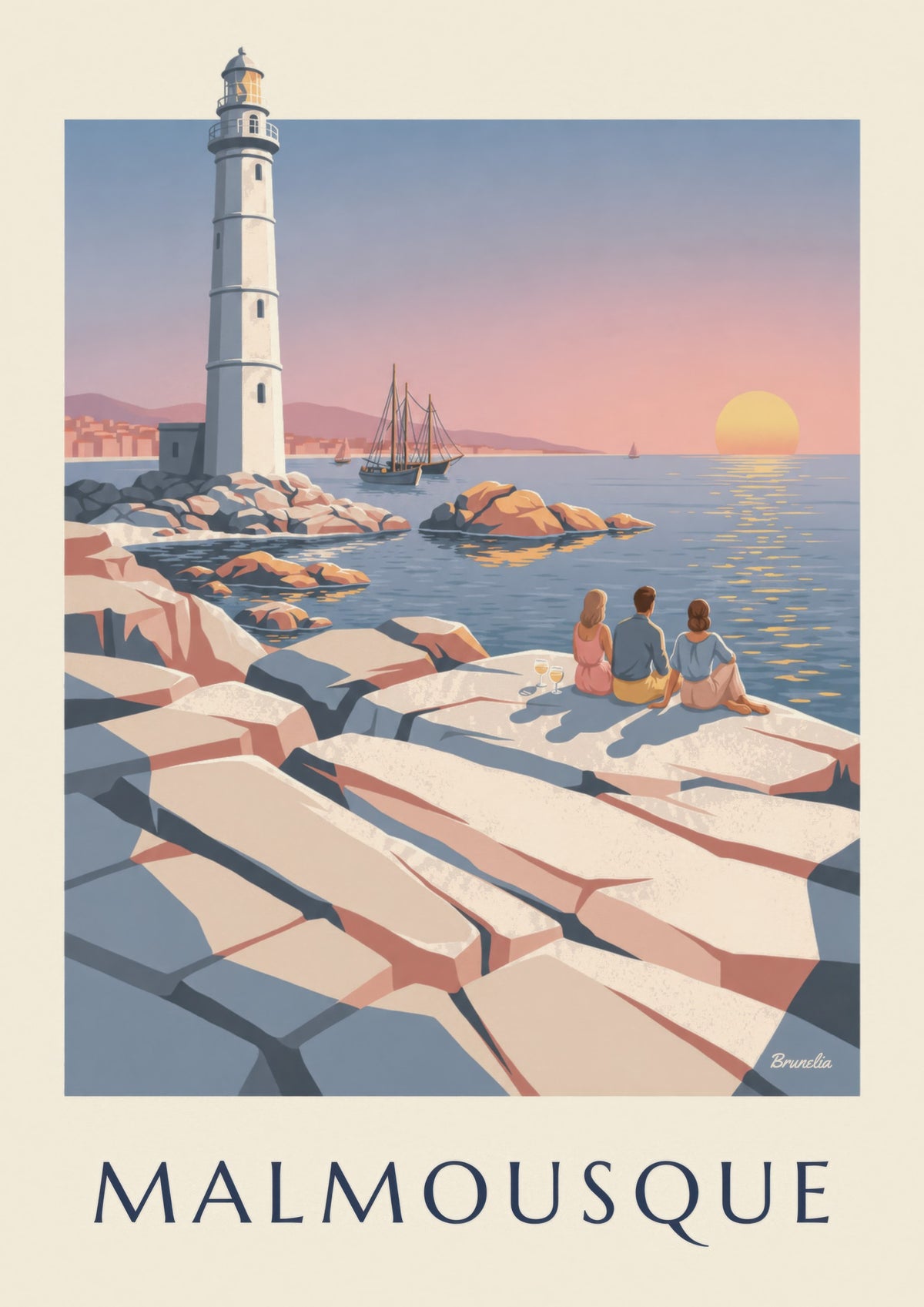 Aperitiivijuliste auringonlaskusta Malmousquessa