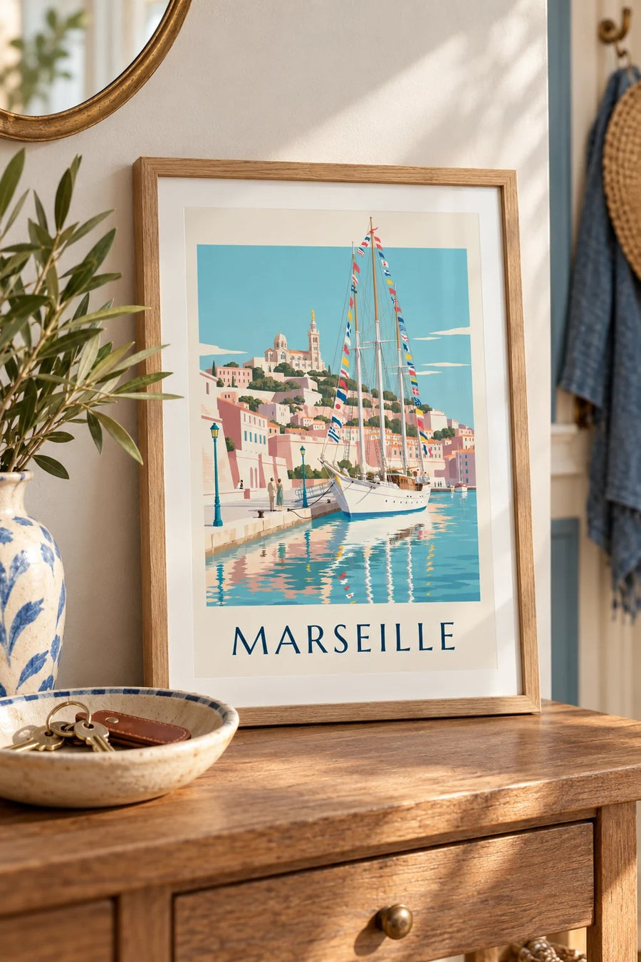 Affiche grand voilier au port de Marseille : petit format A4 encadré