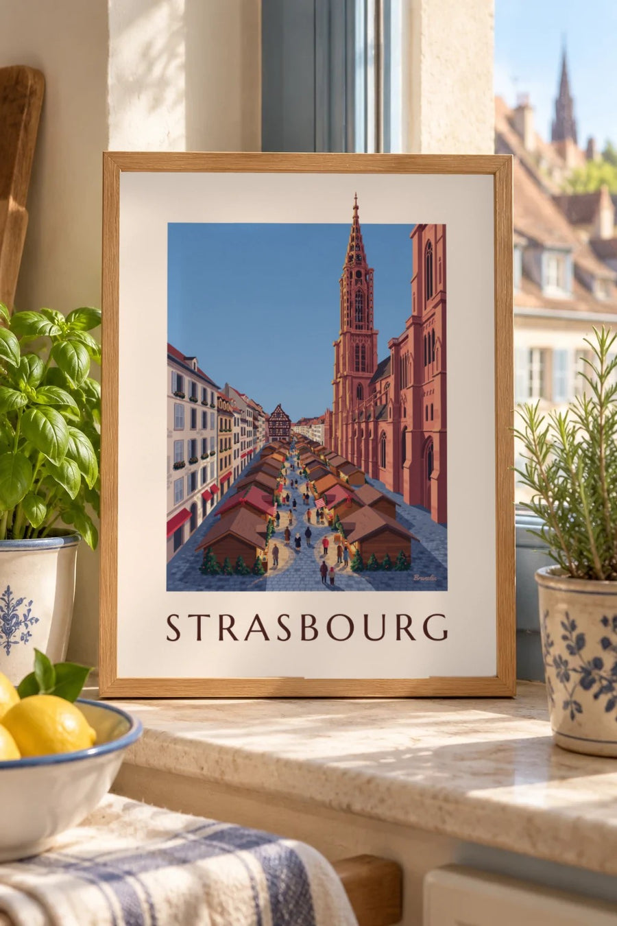 Strasbourgin joulumarkkinajuliste : pieni A4-koko kehystettynä