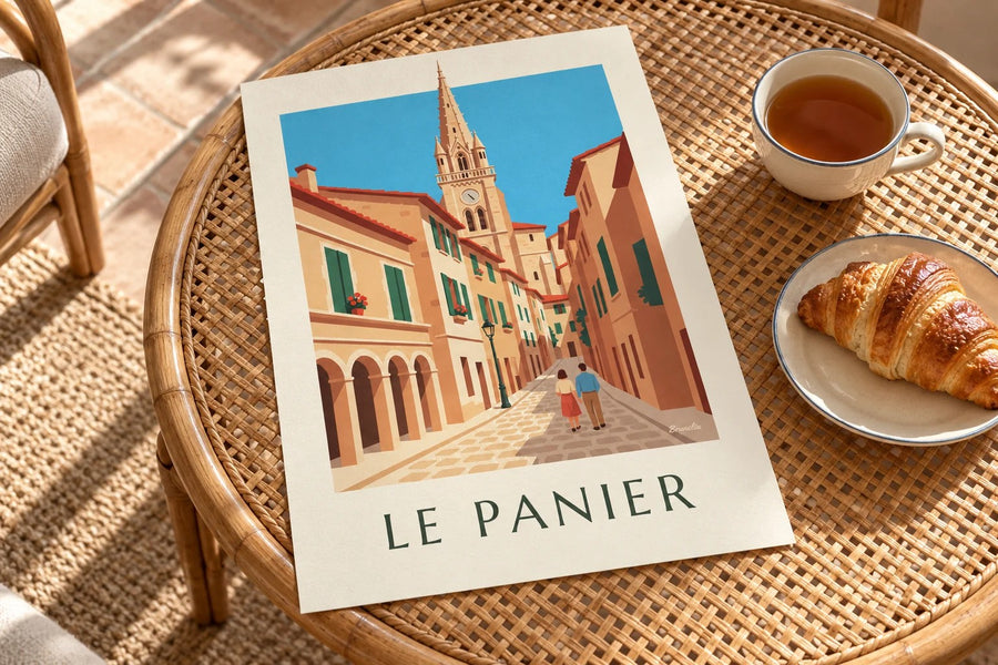 Affiche clocher des Accoules au Panier à Marseille : posée sur une table
