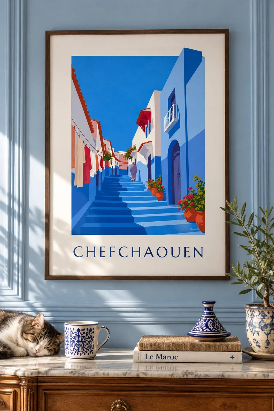 Affiche ruelle bleue de Chefchaouen au Maroc : encadrée au mur