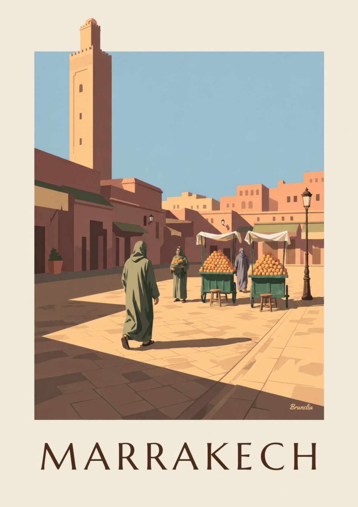 Juliste Marrakechin Jemaa el-Fna -aukiolta ja appelsiinikojuista