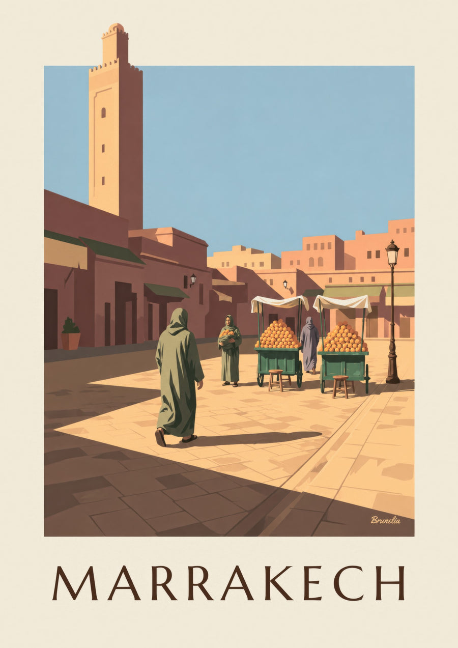 Juliste Marrakechin Jemaa el-Fna -aukiolta ja appelsiinikojuista