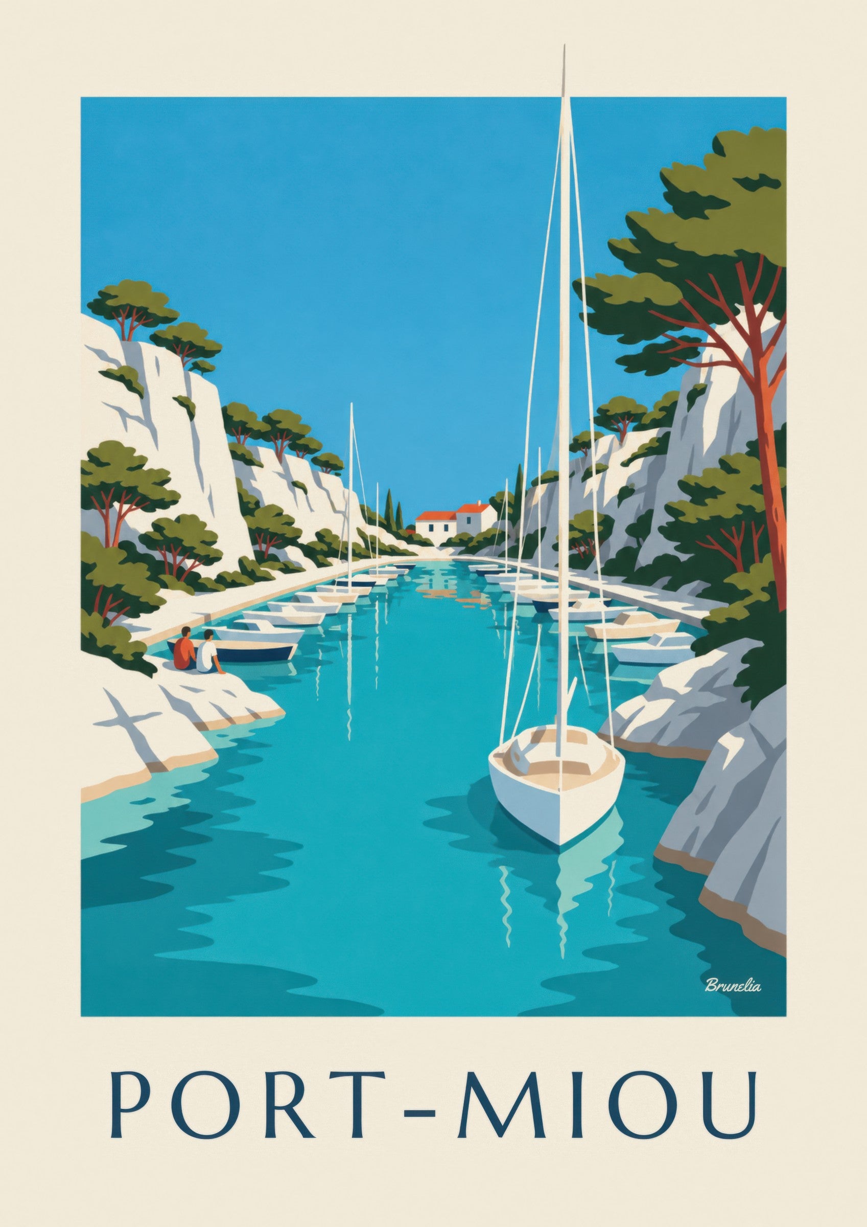 Affiche calanque de Port-Miou et voiliers: lähikuva yksityiskohdasta