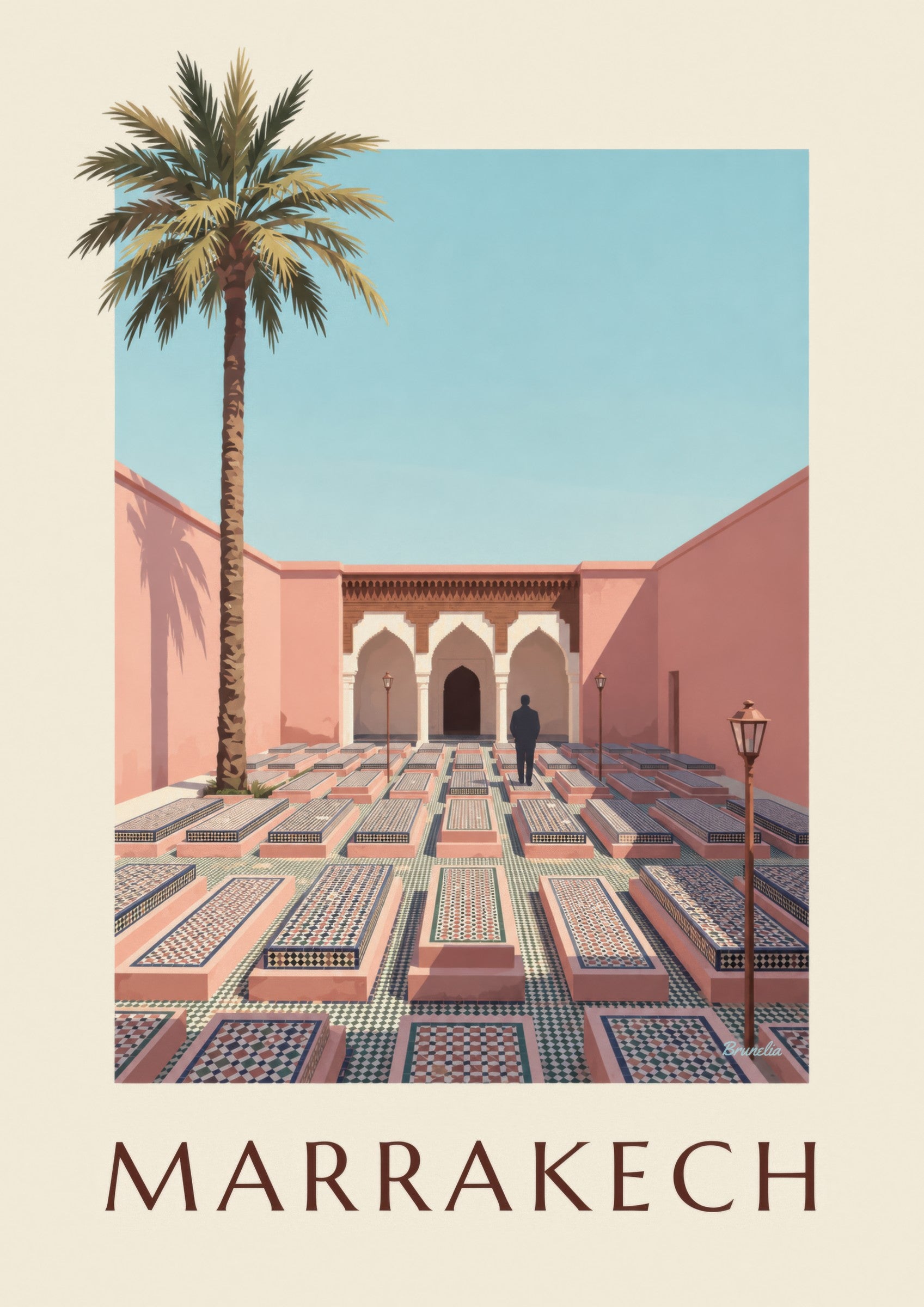 Affiche Tombeaux saadiens de Marrakech, arcades et zelliges: lähikuva yksityiskohdasta