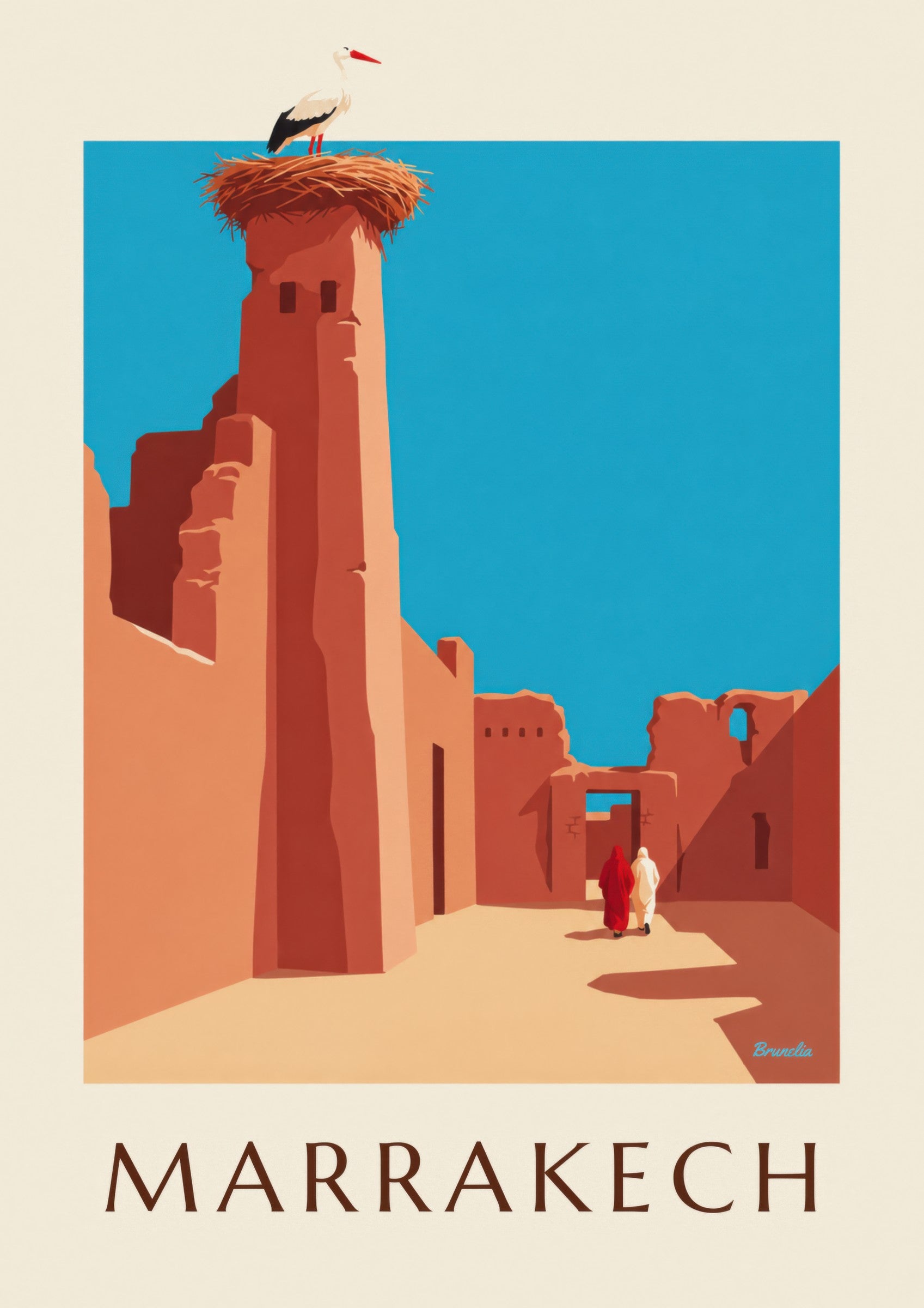 Affiche cigogne sur les remparts d’El Badi à Marrakech: lähikuva yksityiskohdasta