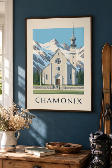 Juliste Chamonix'n Saint-Michelin kirkosta : kehystettynä seinällä