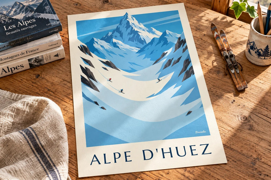 Affiche Alpe d'Huez, glacier de Sarenne et Écrins : posée sur une table
