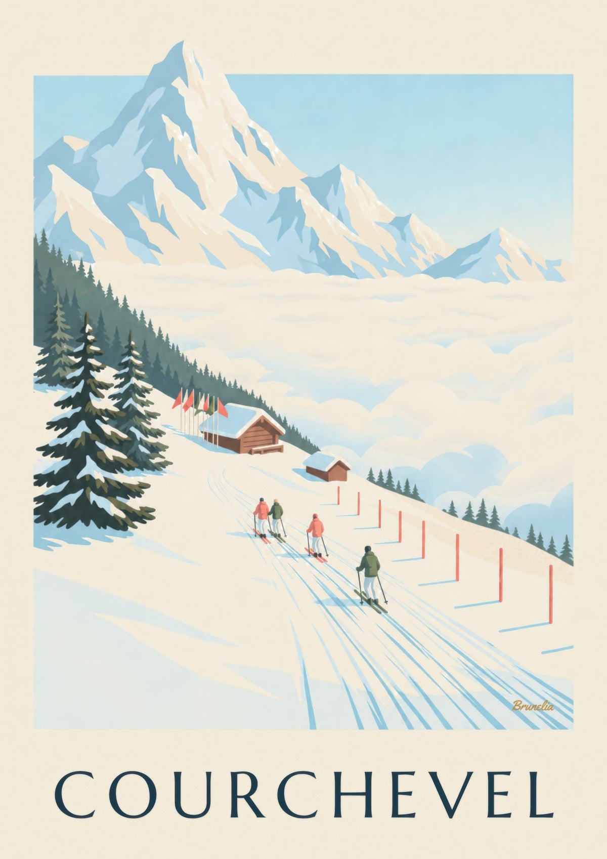 Affiche pistes de Courchevel face au Mont-Blanc