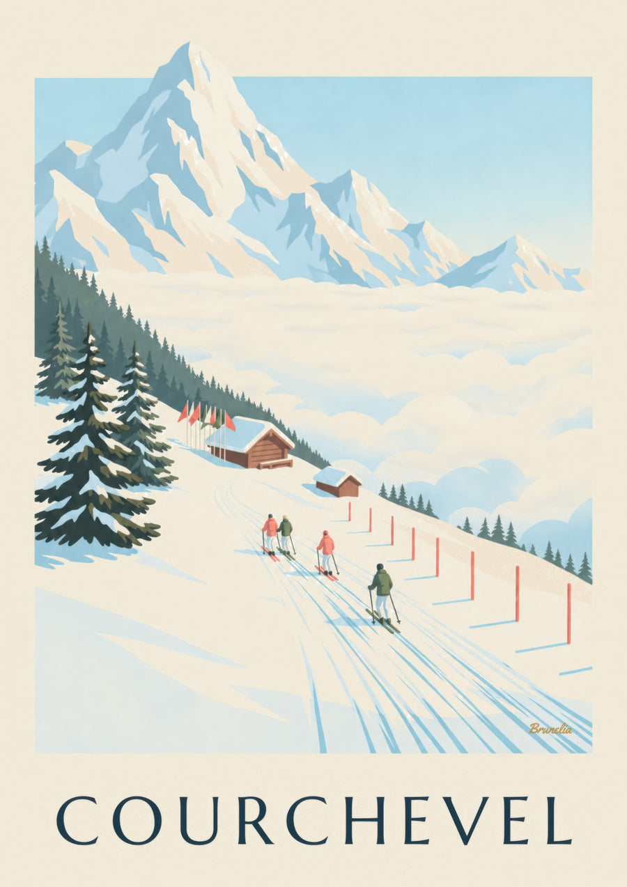 Affiche pistes de Courchevel face au Mont-Blanc