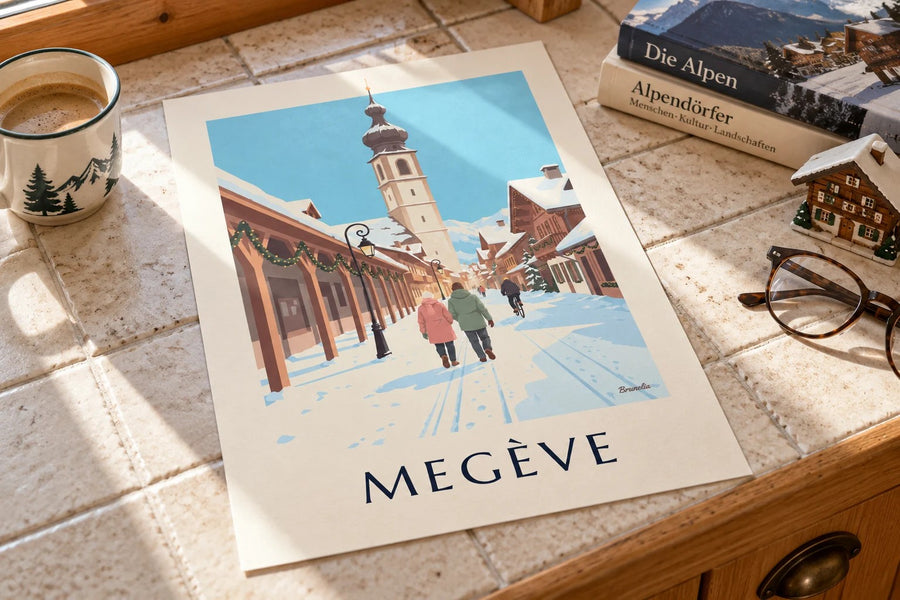Juliste Megèvestä, kävelykadusta ja kellotornista : pöydällä