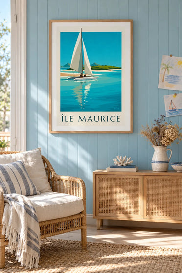 Île aux Cerfsin ja turkoosin laguunin juliste (otsikko MAURITIUS) : kehystettynä seinällä