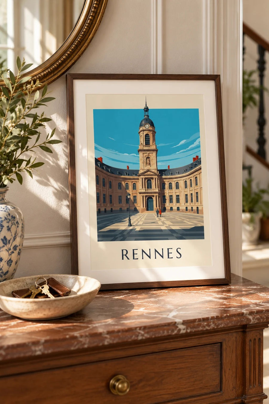 Affiche Rennes hôtel de ville et tour de l'horloge : petit format A4 encadré