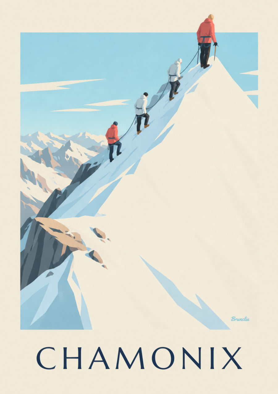 Aiguille du Midin harjanteella kiipeilevien vuorikiipeilijöiden juliste