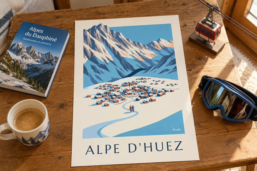 Alpe d'Huez Pic Blancilta nähtynä talvella -juliste : pöydällä