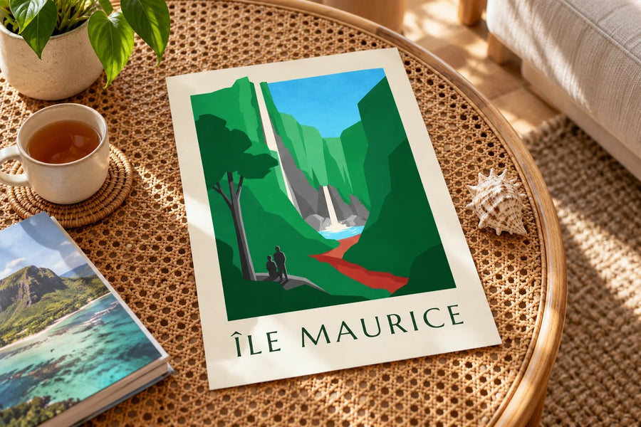 Mauritius-juliste, Chamarelin vesiputous (otsikko MAURITIUS) : pöydällä
