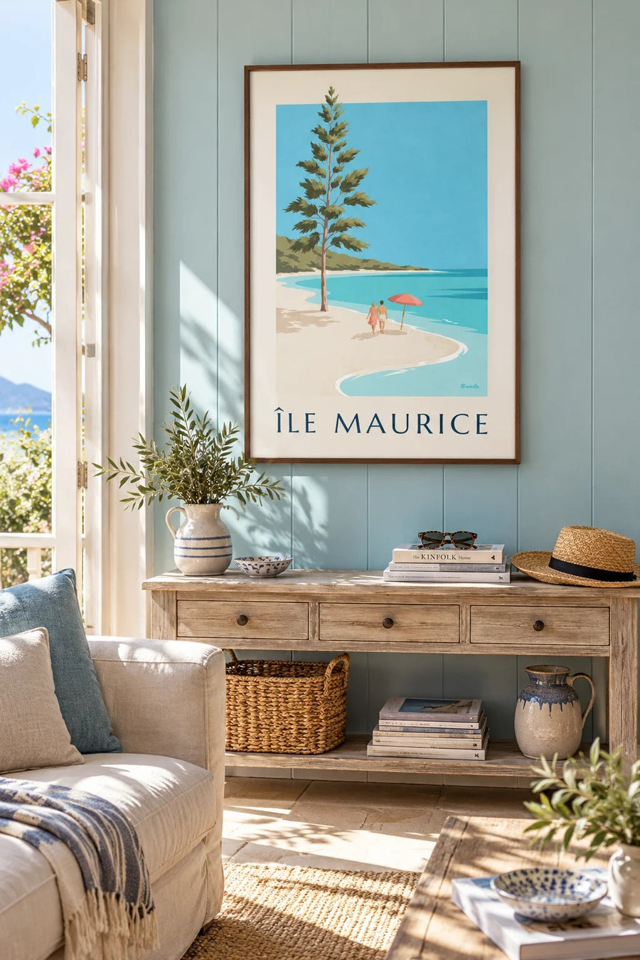 Mauritiuksen Blue Bayn ranta -juliste (otsikko ÎLE MAURICE) : kehystettynä seinällä