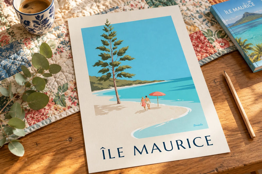 Mauritiuksen Blue Bayn ranta -juliste (otsikko ÎLE MAURICE) : pöydällä