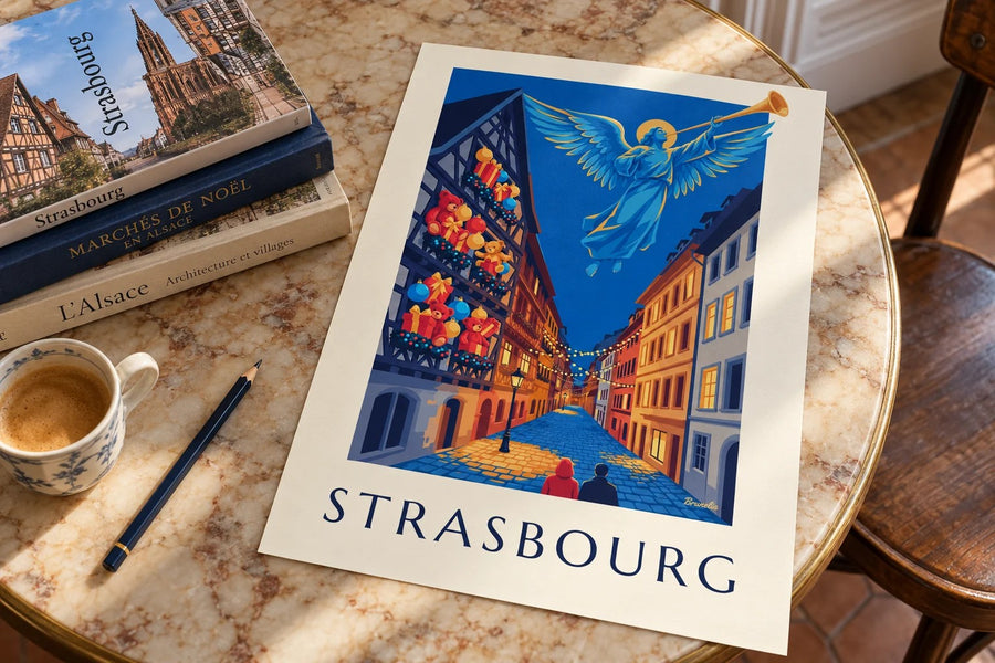 Strasbourg jouluna, valaisevan enkelin juliste : pöydällä