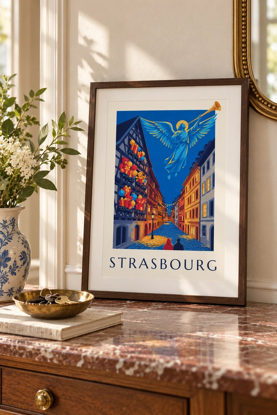 Strasbourg jouluna, valaisevan enkelin juliste : pieni A4-koko kehystettynä