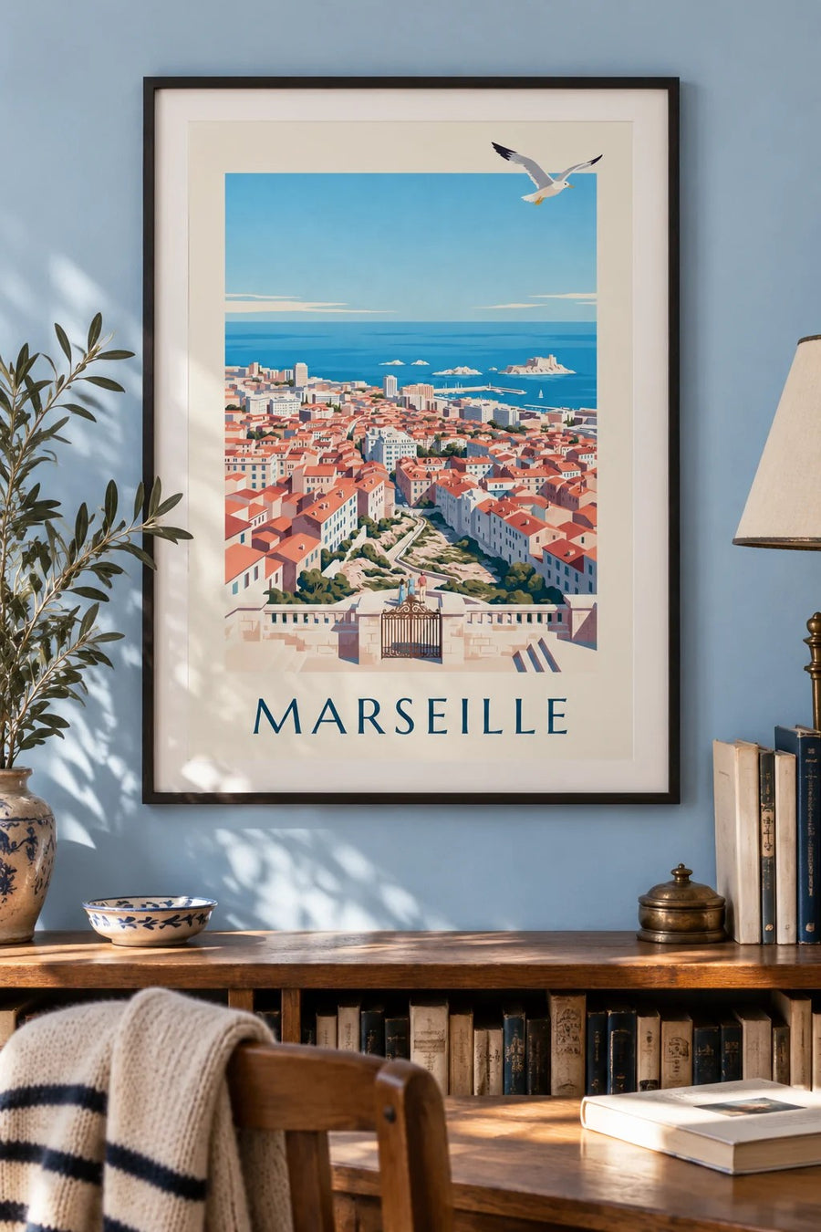 Juliste näkymästä Marseilleen Notre-Dame-de-la-Gardelta : kehystettynä seinällä