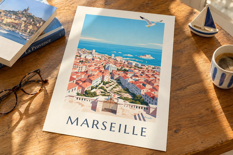 Juliste näkymästä Marseilleen Notre-Dame-de-la-Gardelta : pöydällä
