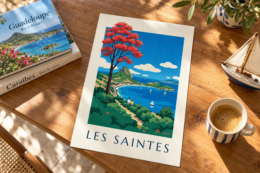 Affiche Guadeloupe, baie des Saintes à Terre-de-Haut : posée sur une table