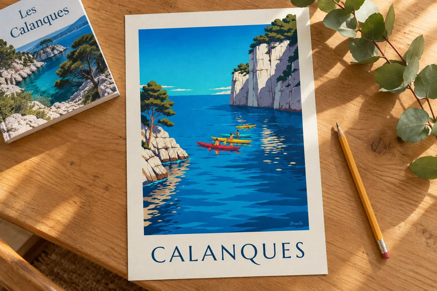 Affiche kayaks de mer dans les calanques : posée sur une table