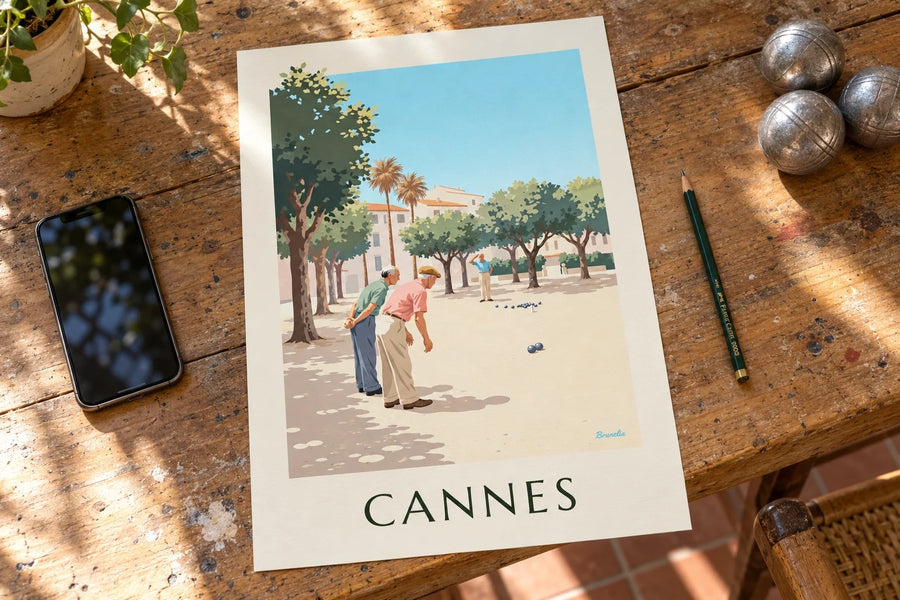Affiche pétanque sous les platanes à Cannes : posée sur une table