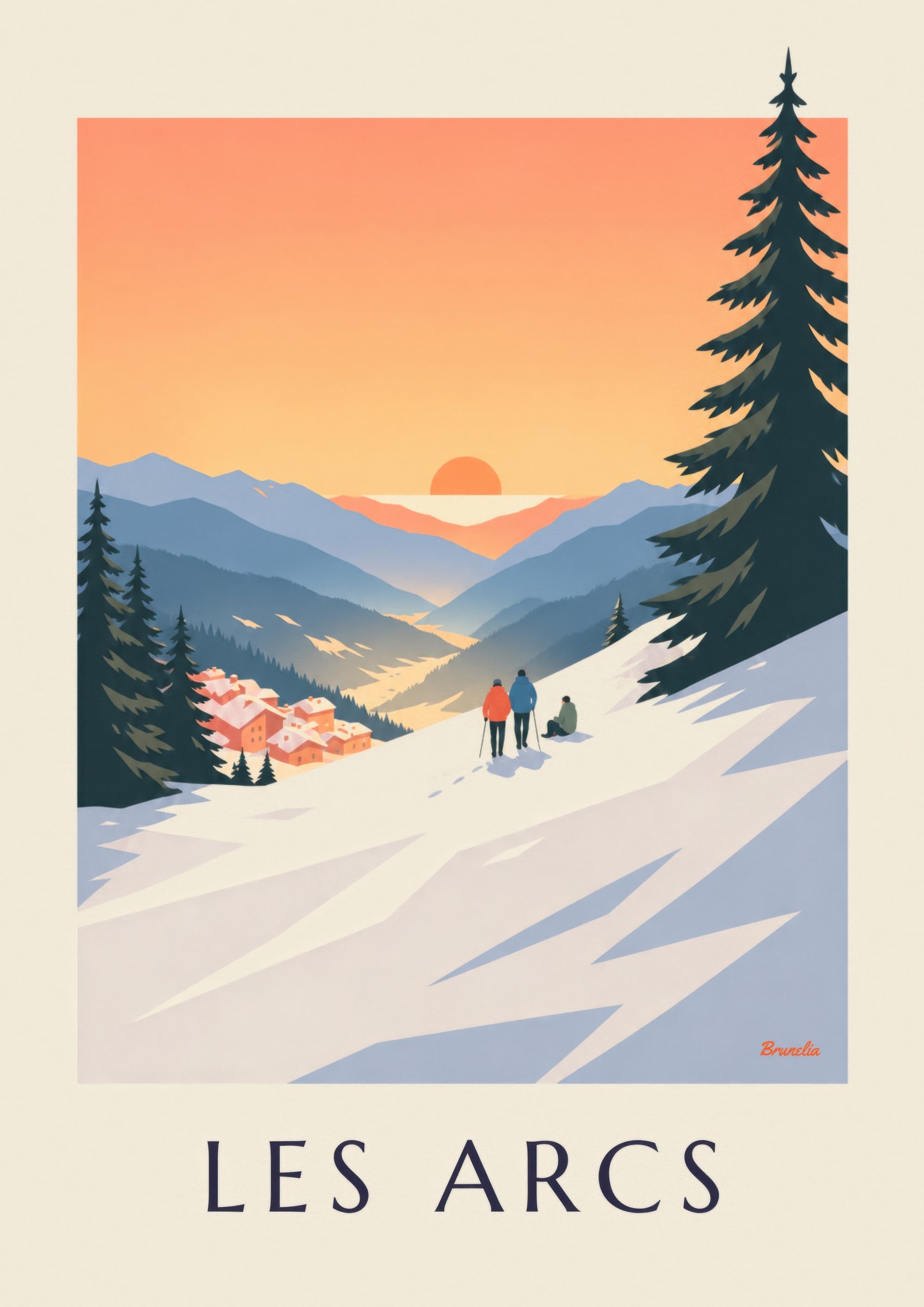Affiche Les Arcs, coucher de soleil sur Arc 1800: lähikuva yksityiskohdasta