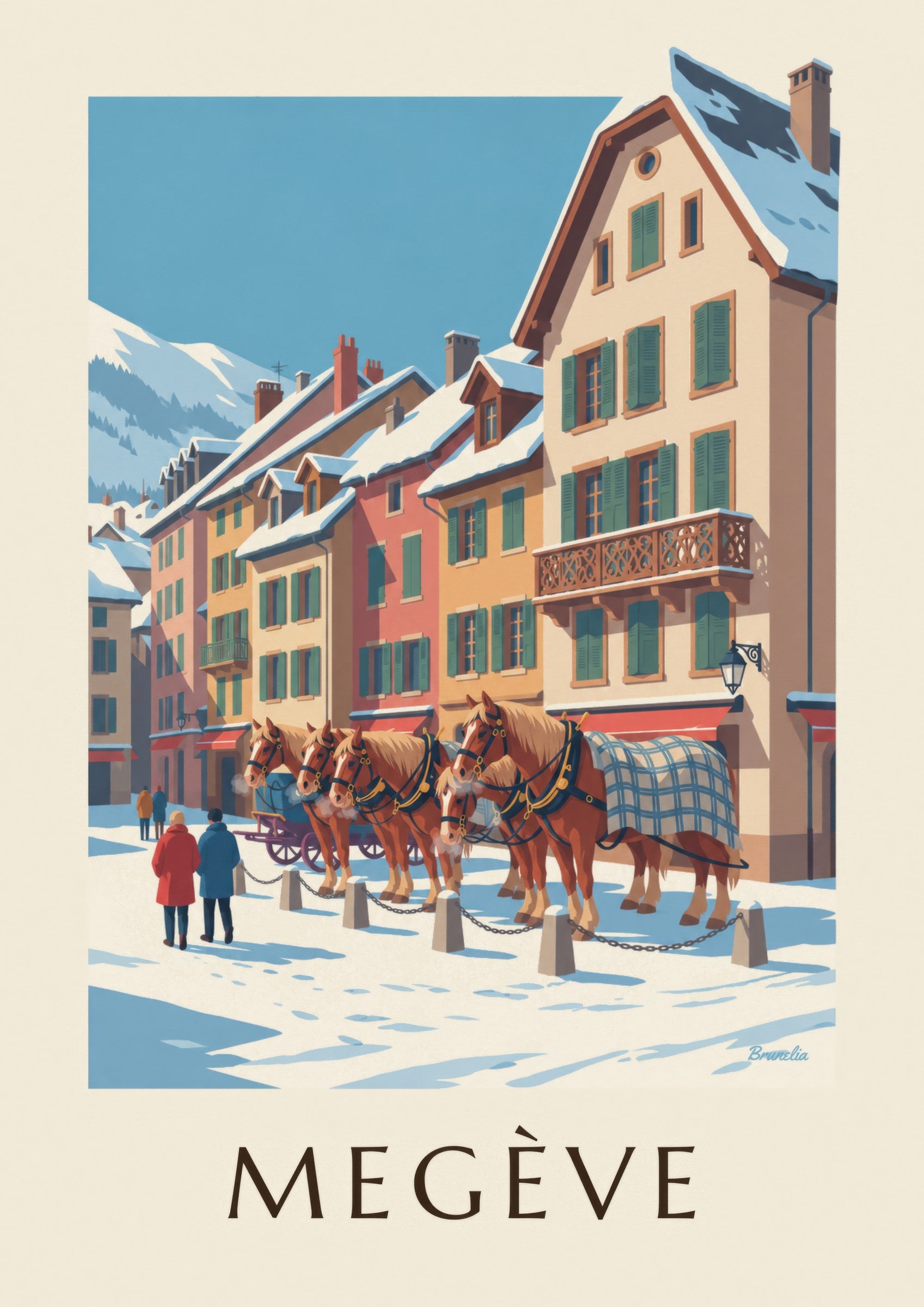 Affiche Megève, chevaux de calèche en hiver: lähikuva yksityiskohdasta