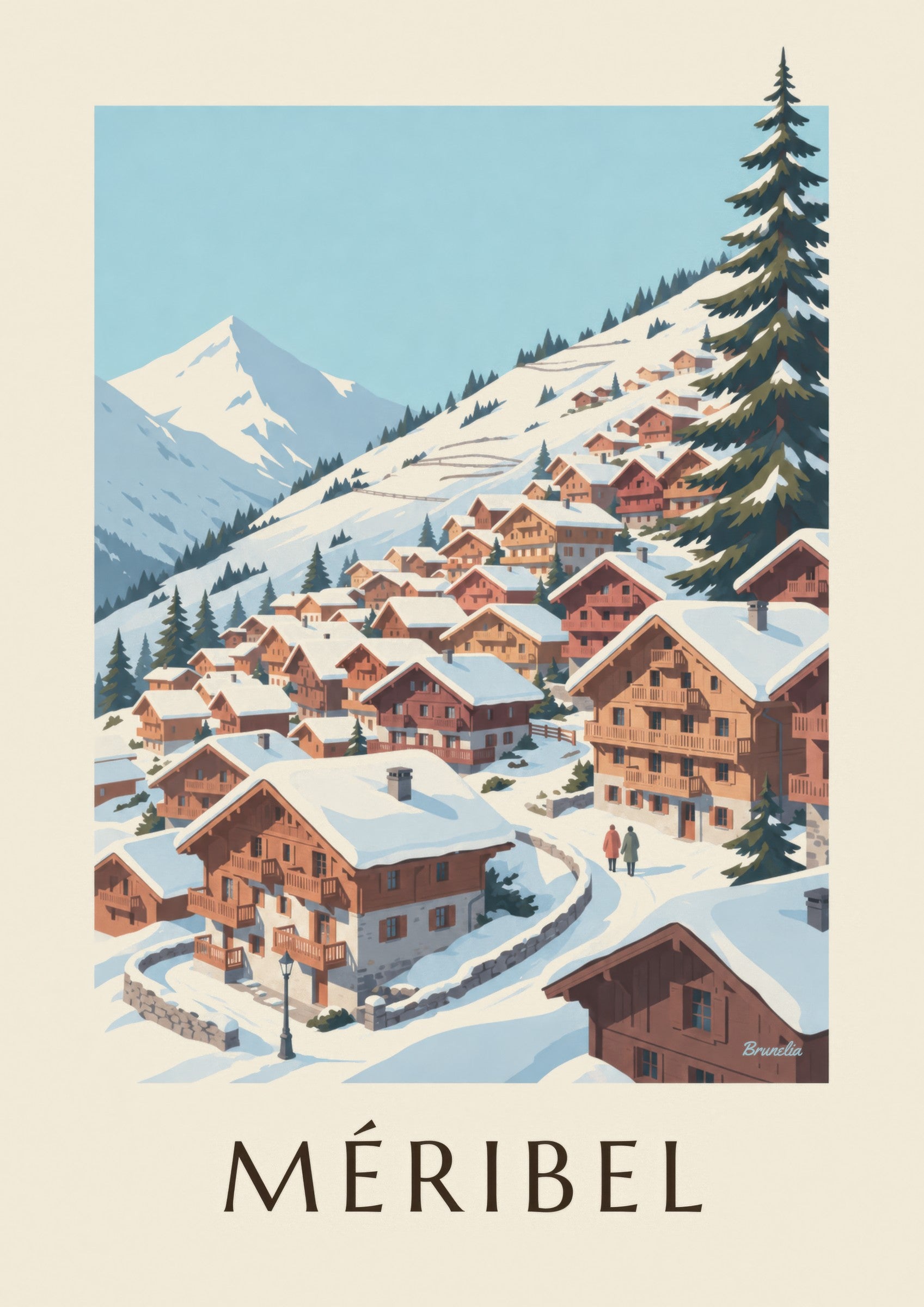 Affiche Méribel, chalets sous la neige: lähikuva yksityiskohdasta