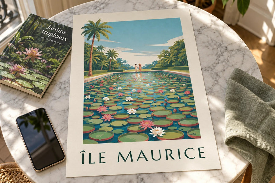 Juliste Mauritius, jättiläislumpeet (otsikko ÎLE MAURICE) : pöydällä