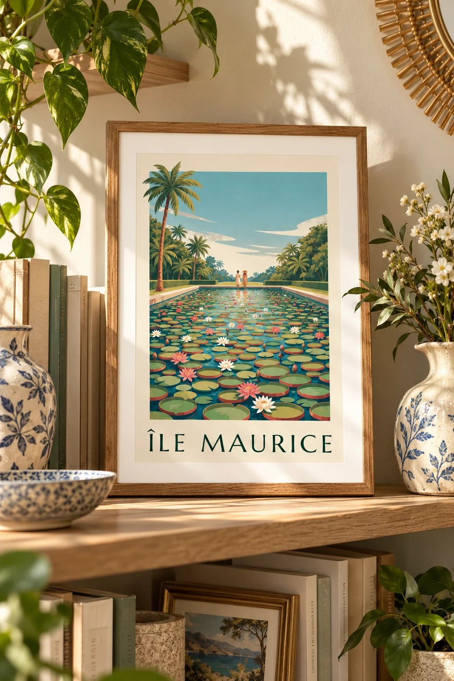 Juliste Mauritius, jättiläislumpeet (otsikko ÎLE MAURICE) : pieni A4-koko kehystettynä