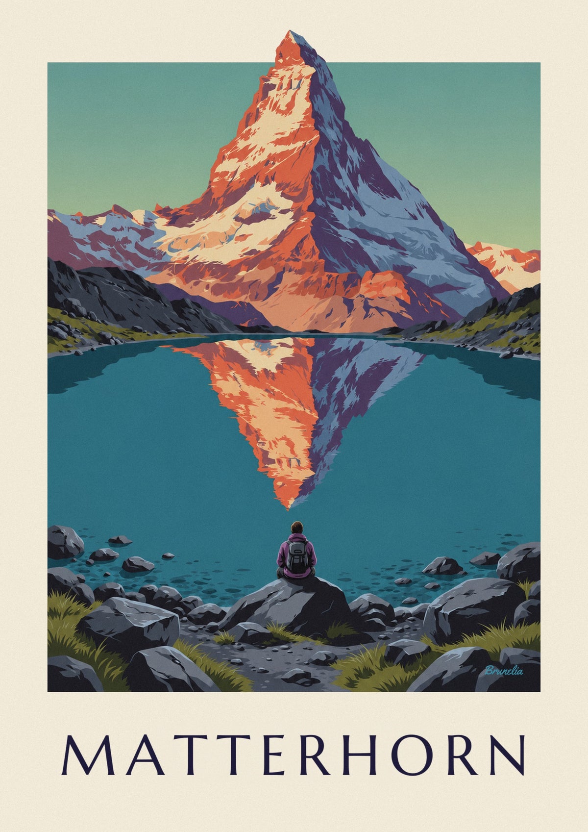 Juliste Matterhorn auringonlaskussa alppijärven peilissä