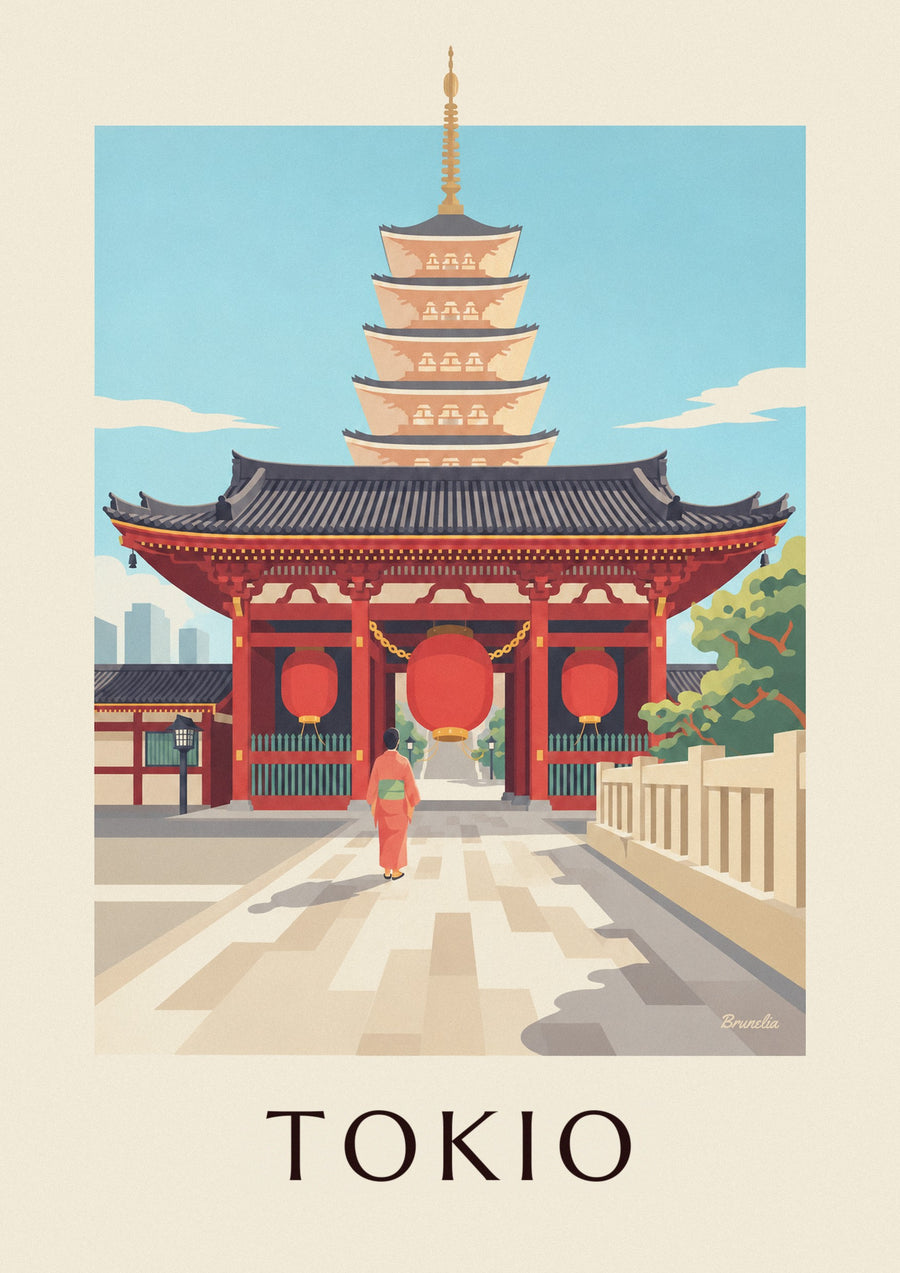 Senso-ji-temppeli ja iso punainen lyhty Tokiossa -juliste